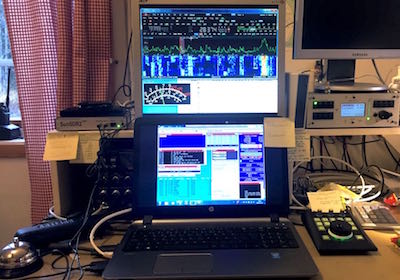 The multiplier position with the SunSDR2 PRO to the left and the E-Coder controller to the right of the laptop. Notice the multiplier bell used every time a new multiplier was logged.